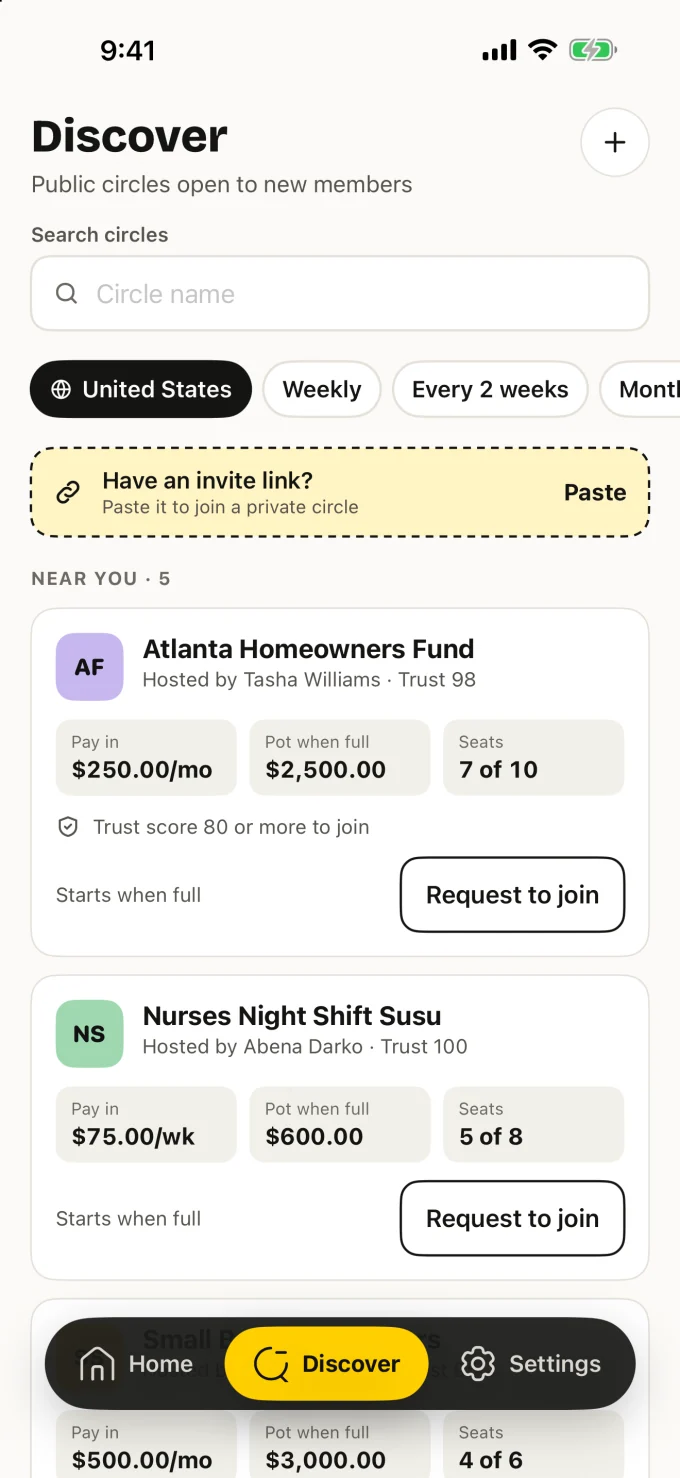 Discover screen listing public circles near you with the pay-in, pot when full, open seats and trust score needed