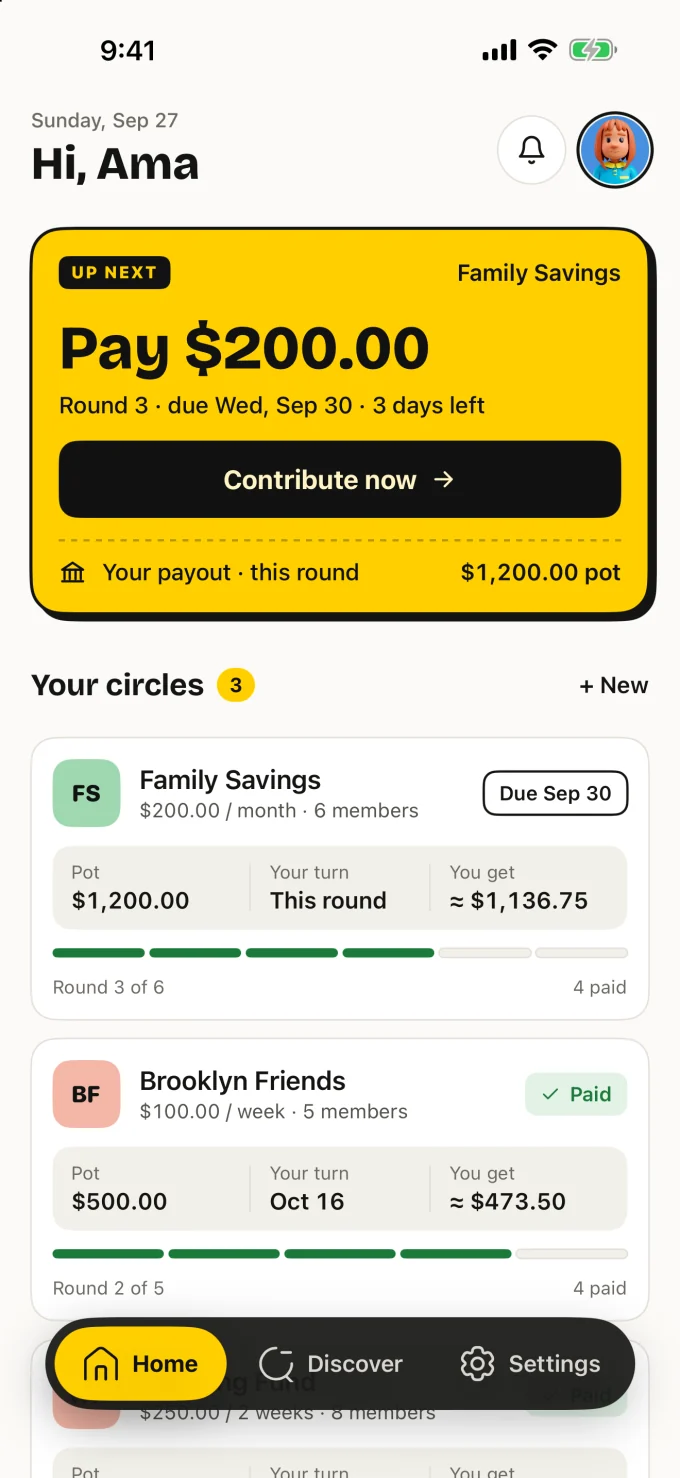 SuSu home screen with a $200.00 contribution due to Family Savings and your circles, each with its pot and payout turn