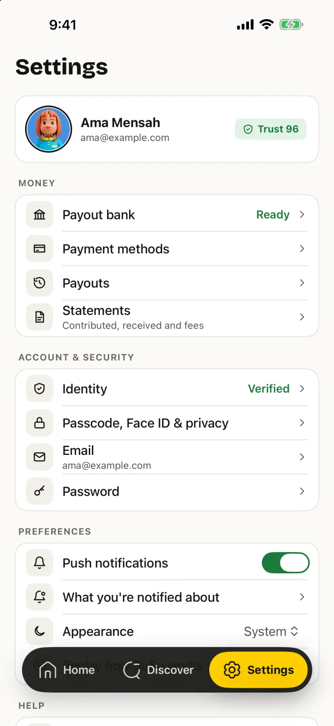 Settings showing the payout bank ready, identity verified, and passcode and Face ID options